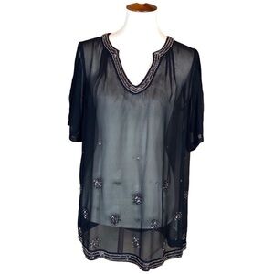 A Pea in the Pod sheer black short sleeve top with bead embellishment Medium